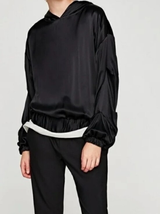 Zara Tops - Zara Women's Black Satin Pullover Long Sleeve Hoodie |  Size US Medium